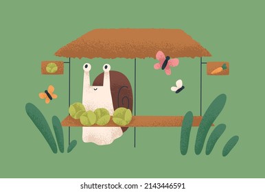 Cute snail selling vegetables at farm market. Funny baby animal behind counter with cabbage. Amusing fairytale character from childrens fiction. Nursery childish flat vector illustration