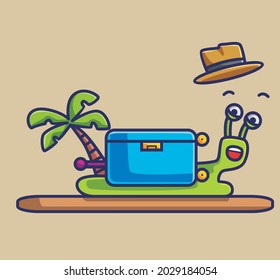 lindo sombrero de concha de caracol y maleta dibujos animados viajes animales vacaciones vacaciones de verano concepto Isolación ilustración. Estilo plano adecuado para el vector de logotipo de diseño de iconos de etiqueta. Carácter mascota