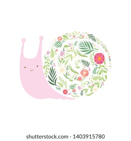 Cute Snail with Shell Made of Floral Pattern, Lovely Animal Cartoon Character Vector Illustration