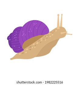 Cute snail in a shell in purple color. Vector hand drawn cartoon illustration.