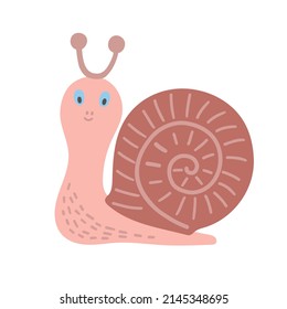 Cute snail simple flat cartoon vector illustration, wild animal funny character for kids design, nursery, poster, greeting card