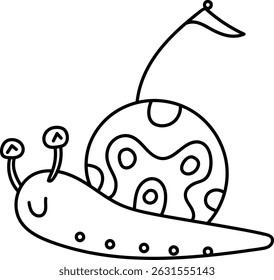 A cute snail in a simple line drawing style with a patterned shell and a small flag. This happy gastropod carries its home on its back with playful swirls and spots. Cartoon vector illustration