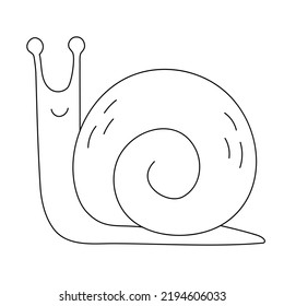 A Cute Snail - Simple Outline Vector Drawing. Sketch Of Slug Or Snail With A Spiral Shell, Side View. Hand Draw Illustration In Cartoon Doodle Style. Black Lines Isolated On A White. Contour Drawing.