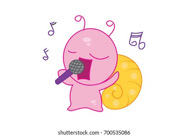 Cute Snail Singing. Vector Illustration. Isolated on white background.