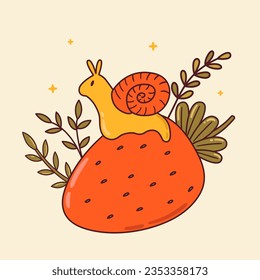 Cute snail sitting on a big strawberry. Cottagecore, goblincore vector illustration. Fairy character, magic wood design. Graphic print, clipart, sticker, card