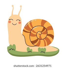 Cute snail sitting on the grass. Flat vector illustration.