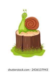 Cute snail is sitting on a stump in a cartoon style. Vector illustration of a funny animal clipart.