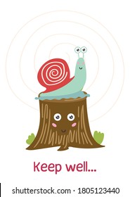 Cute snail sitting on a tree stump. Positive children greeting card. Vector illustration