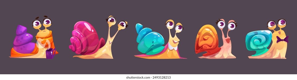 Juego de caracteres lindo caracol babosa. Dibujo animado aislado de animal de lodo lento. Gracioso gateo y colección de mascota pegajosa con morado, rosa y azul casa de la concha en la espalda. Diferente fauna de gasterópodos con espiral