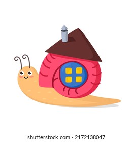 lindo caracol con una sonrisa y su casa con una ventana. ilustración de bebé vector brillante aislada en fondo blanco