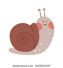 Cute snail with a smile and texture. Flat isolated color doodle illustration. An insect in the garden. Perfect for prints, packaging, posters, blogs and children's or nature projects in a cozy style