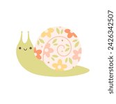 Cute snail. Spring character. Spring time. Vector illustration in flat style