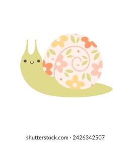 Lindo caracol. Carácter de primavera. Es primavera. Ilustración vectorial en estilo plano