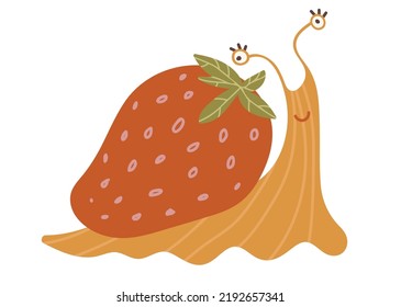 Cute snail with strawberry. Flat vector illustration. Funny animal character.