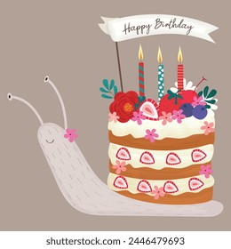 cute snail with strawberry and flowers cake hand drawn clipart element vector illustration for invitation greeting birthday party celebration wedding card poster banner wallpaper background