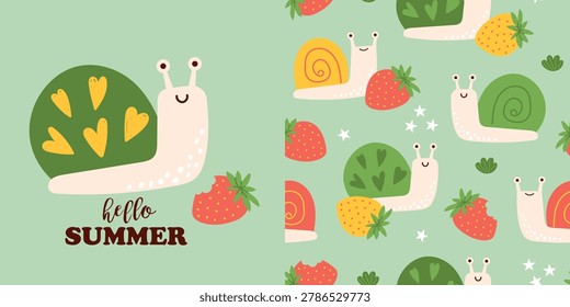 Cute snail summer poster with seamless pattern, strawberries and smiling garden snails. Funny seasonal design for kids nursery decor, baby room, textile and wall art. Vector illustration.