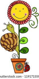 Cute snail with sunflower in vase
