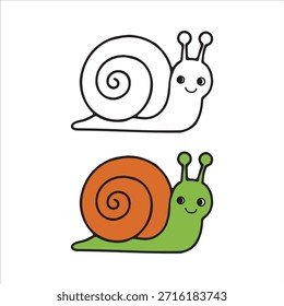Linda Ilustración vectorial de caracol en estilo plano y kawaii. Adorable personaje de caracol de dibujos animados con cara sonriente, que representa animales, naturaleza, vida en el jardín, ritmo lento y temas de la infancia.