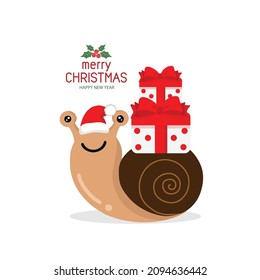 Cute snail wearing Santa's hat and Gift boxes for christmas.