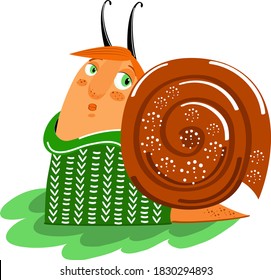 Cute snail is wearing sweater. Funny cartoon character, vector colorful illustration isolated on white background