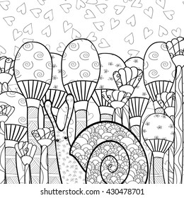 Cute snail in whimsical mushroom forest adult coloring book page. Line art vector illustration.