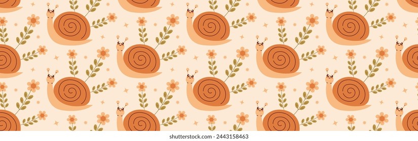 Cute snail with yellow flowers repeating pattern. Cute child character background