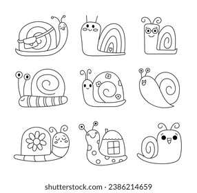 Cute snails characters. Funny insects. Coloring Page. Decorative mollusk with hearts and flowers. Hand drawn style. Vector drawing. Collection of design elements.