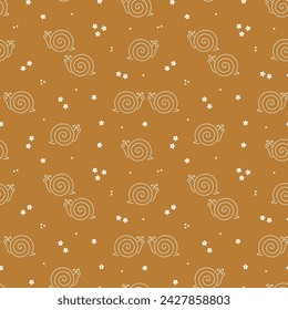 Cute Snails and Flowers Seamless Pattern for Kids Fashion. Line Art Snail Vector illustration.