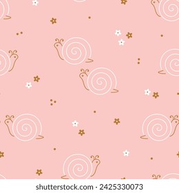 Cute Snails and Flowers Seamless Pink Pattern for Kids Fashion. Line Art Snail. Vector illustration.