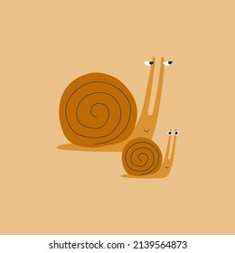 Cute snails hand drawn vector illustration. Funny baby character. Adorable brown slug in flat style.