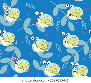 Cute Snails with Hearts Seamless Pattern