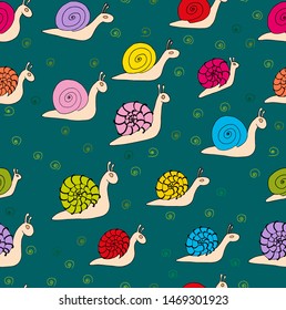 Cute snails on a dark green background