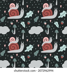 Cute snails seamless patter. Hand dawn garden characters with botanical elements, pastel colors, baby decor, kids nursery and clothes. Decor textile, wrapping paper wallpaper vector print or fabric