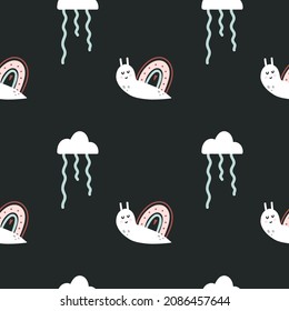 Cute snails seamless patter. Hand dawn garden characters with botanical elements, pastel colors, baby decor, kids nursery and clothes. Decor textile, wrapping paper wallpaper vector print or fabric