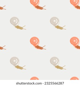 Cute snails seamless pattern. Funny cartoon character wallpaper in doodle style. Wildlife fauna backdrop. For fabric design, textile print, wrapping paper, cover. Vector illustration