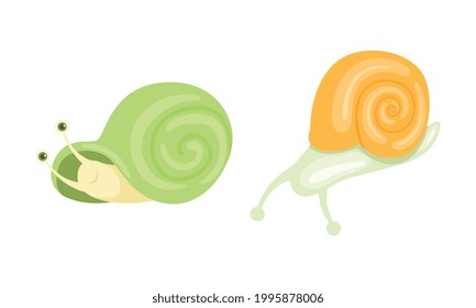 Cute Snails Set, Adorable Funny Baby Snail with Green and Yellow Shells Cartoon Vector Illustration