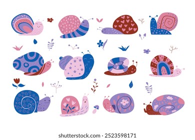 Cute snails set. Blue and purple baby slugs with different patterns on spiral shells, snails design with stars and scribble, garden flowers and leaf, geometric shapes cartoon vector illustration