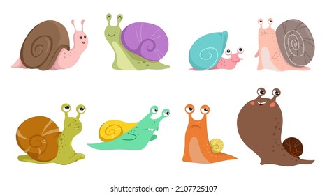 Cute snails set. Different types and emotions, funny snail characters collection. Vector Illustrations isolated on white background.