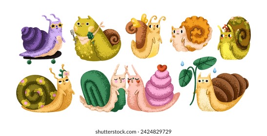 Lindos caracoles. Divertidas babosas lentas. Animales babosos, personajes de bebé kawaii felices. Adorable hélice cómica fauna, gasterópodos. Ilustraciones gráficas planas infantiles del vector aisladas en el fondo blanco