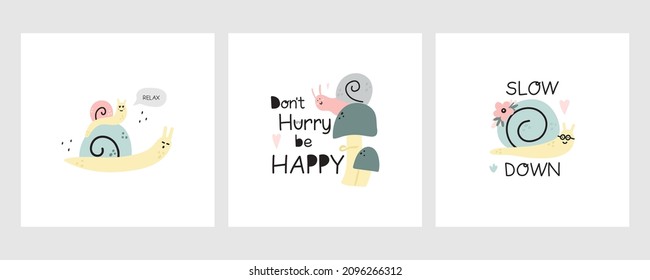 Cute snails set. Hand dawn garden characters with weater symbols, pastel colors, baby t-shirt print, poster, nursery decor, baby shower decoration, vector cartoon flat isolated illustration