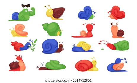 Conjunto de caracoles lindos. Las babosas del jardín del arco iris se arrastran y comen la hoja, duermen y muestran los músculos fuertes y el ojo en la antena, casa de la cáscara de diverso color, Ilustración vectorial de dibujos animados de la expresión triste y feliz