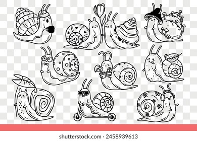 Cute snails with shell that protects from birds and happy emotions. Set of sea or rain snails from family of slugs crawling along street for design of children books and magazines. Hand drawn doodle