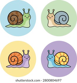 Cute snails with smiling faces on colorful circular backgrounds. Each snail has a unique shell pattern and cheerful expression. Bright, soft tones create a friendly and whimsical feel