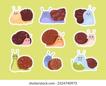 Cute snails vector illustration set. Adorable cartoon snails with colorful shells in various colors and patterns. Playful and friendly design perfect for children's stickers, posters