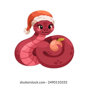 Cute snake with apple. Chinese New Year symbol. Funny kawaii animal mascot, 2025 CNY. Asian serpent character in Santa hat. Kids flat cartoon vector illustration isolated on white background