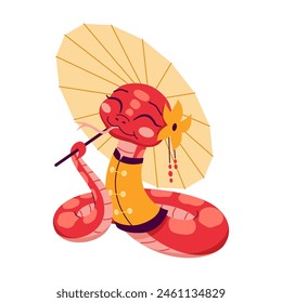 Cute snake in Asian clothes with umbrella 2D cartoon character. Chinese horoscope for New year isolated vector animal white background