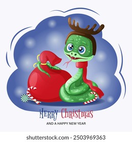 Cute snake with a bag of gifts. New Year and Christmas card. Vector illustration