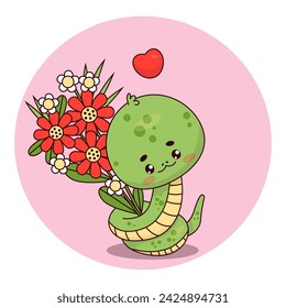 Cute snake with bouquet flowers. Romantic reptile kawaii character. Vector illustration with cartoon love serpent for valentines, holiday cards for birthday and women's day