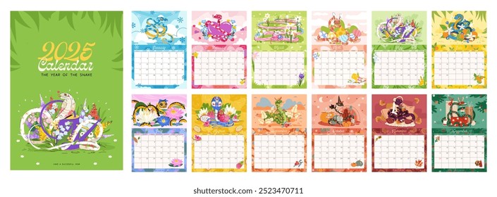 Cute Snake calendar for 2025, the symbol of the year. Monthly calendar with vector illustrations of funny snake character, flat cartoon style. Vertical pages A4 format