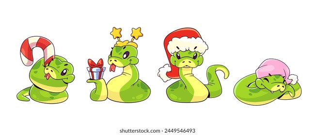 Cute snake cartoon character for 2025 New Year mascot. Comic vector serpent with tongue in Christmas hat and with caramel, in star party headband with gift box on tail, tired sleeping in pink cap.